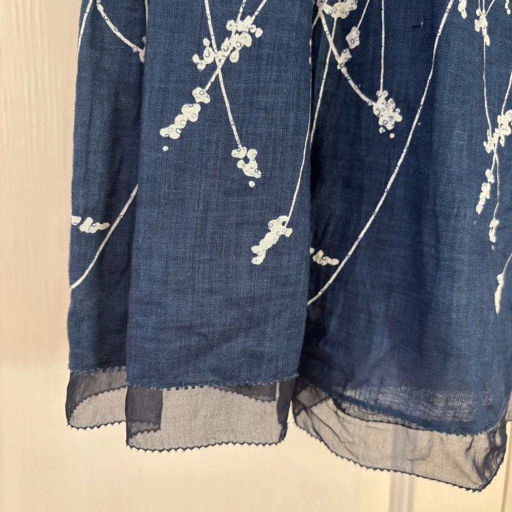 Elie Tahari Navy and White Floral Chambray A-Line Skirt 100% Linen Size 10 - Image 3