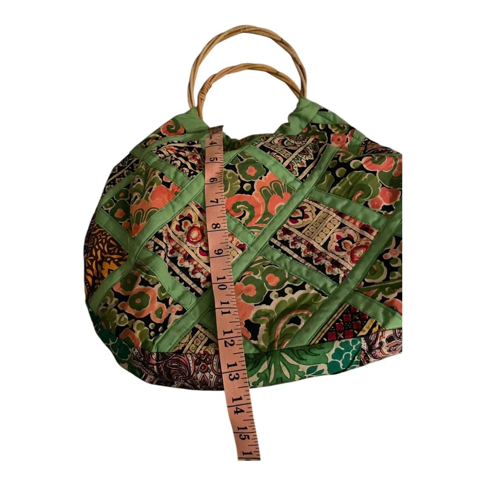 Vintage Handmade quilted patchwork hobo bag rattan handle water resistant lining Green - Image 13