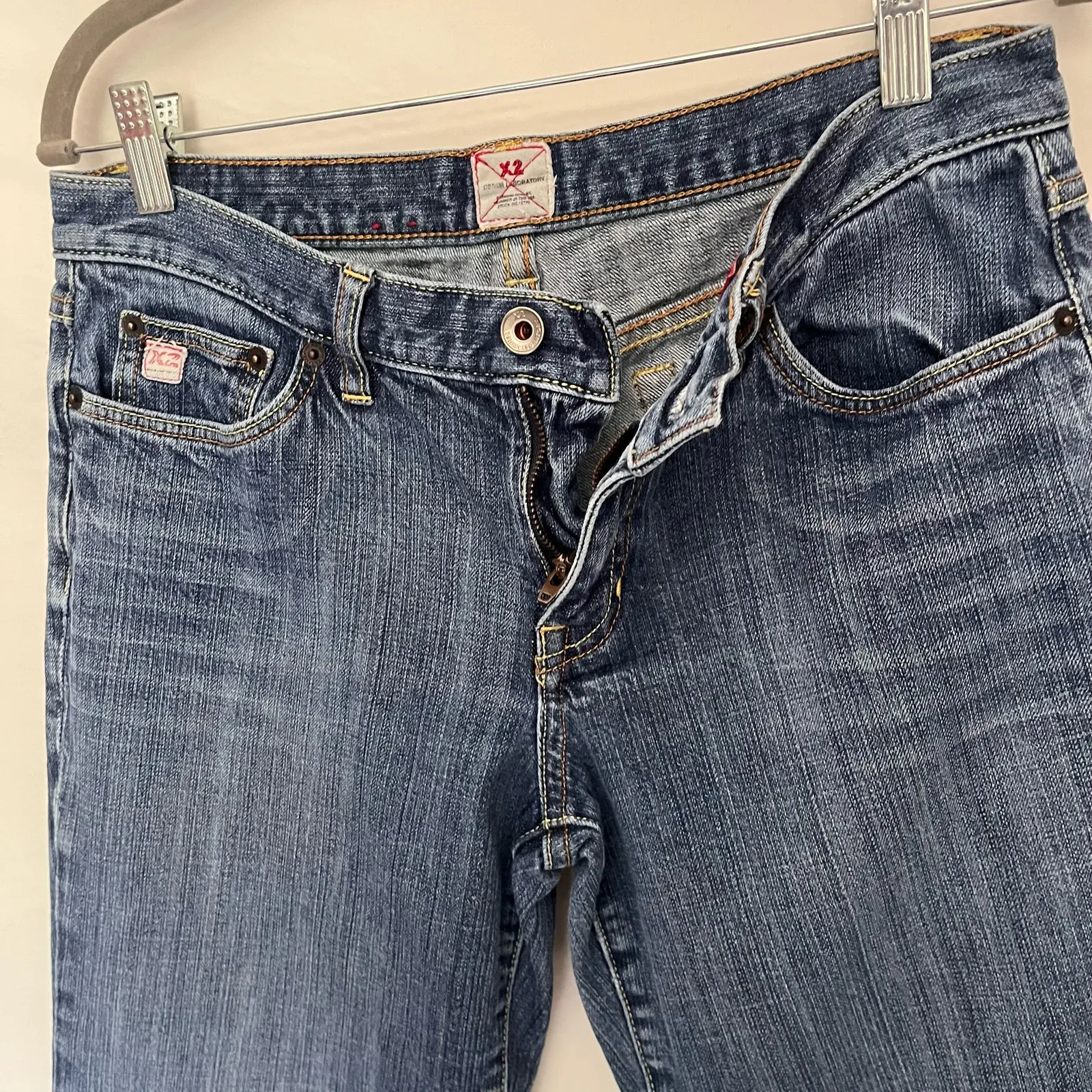 Y2K X2 Denim Laboratory Flare Womens Jeans Sz 8 Long Grunge Lowrise Retro Vtg Blue - Image 3