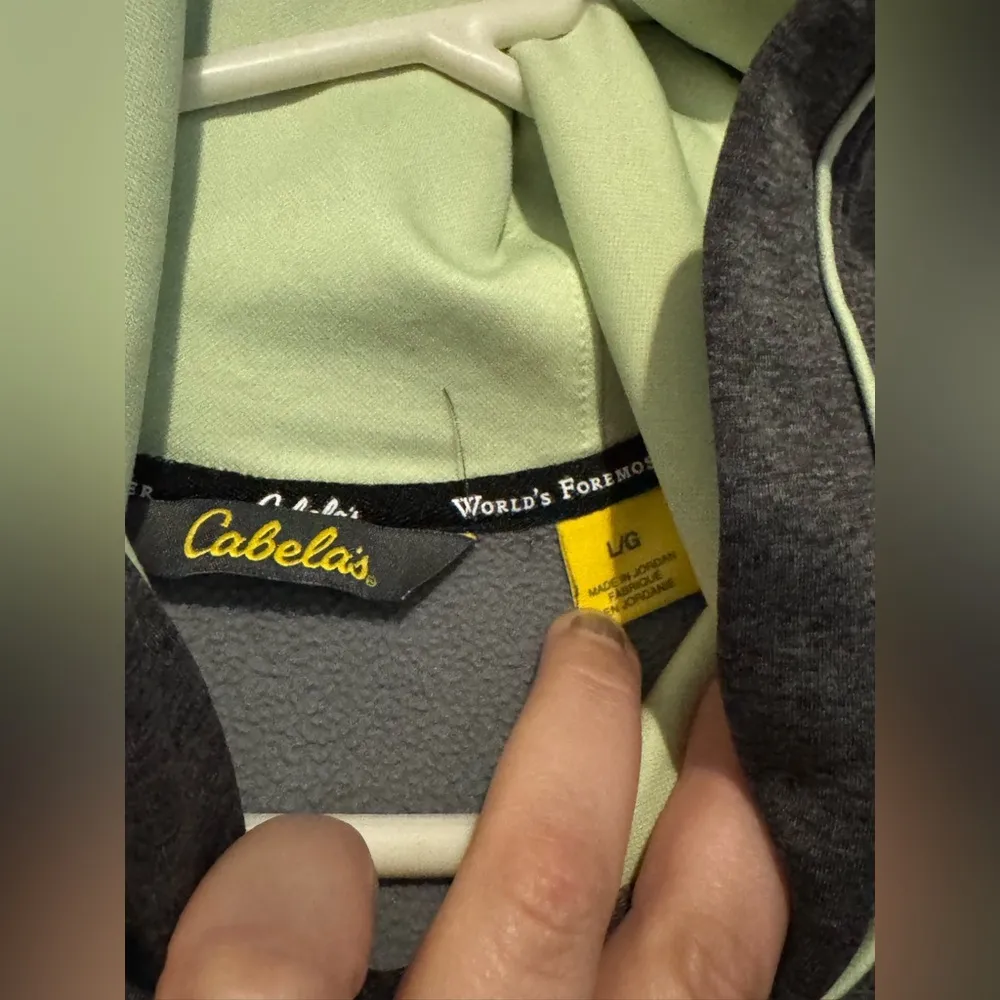 Women’s CABELAS Gray Mint Green LOGO Pullover Hoodie Sweatshirt Sz Large Hooded - Image 2