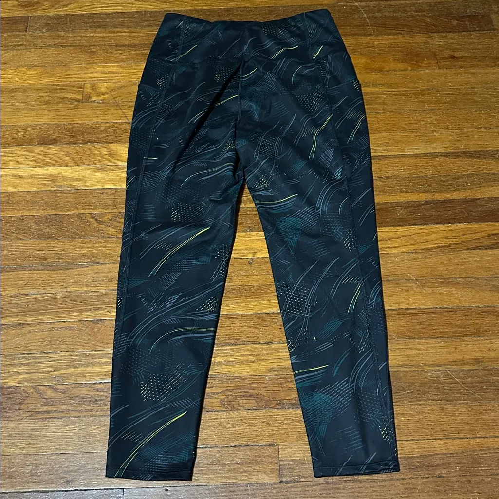 MTA Sport Black and Green Patterned High Rise Leggings, Pockets, Large - Image 4