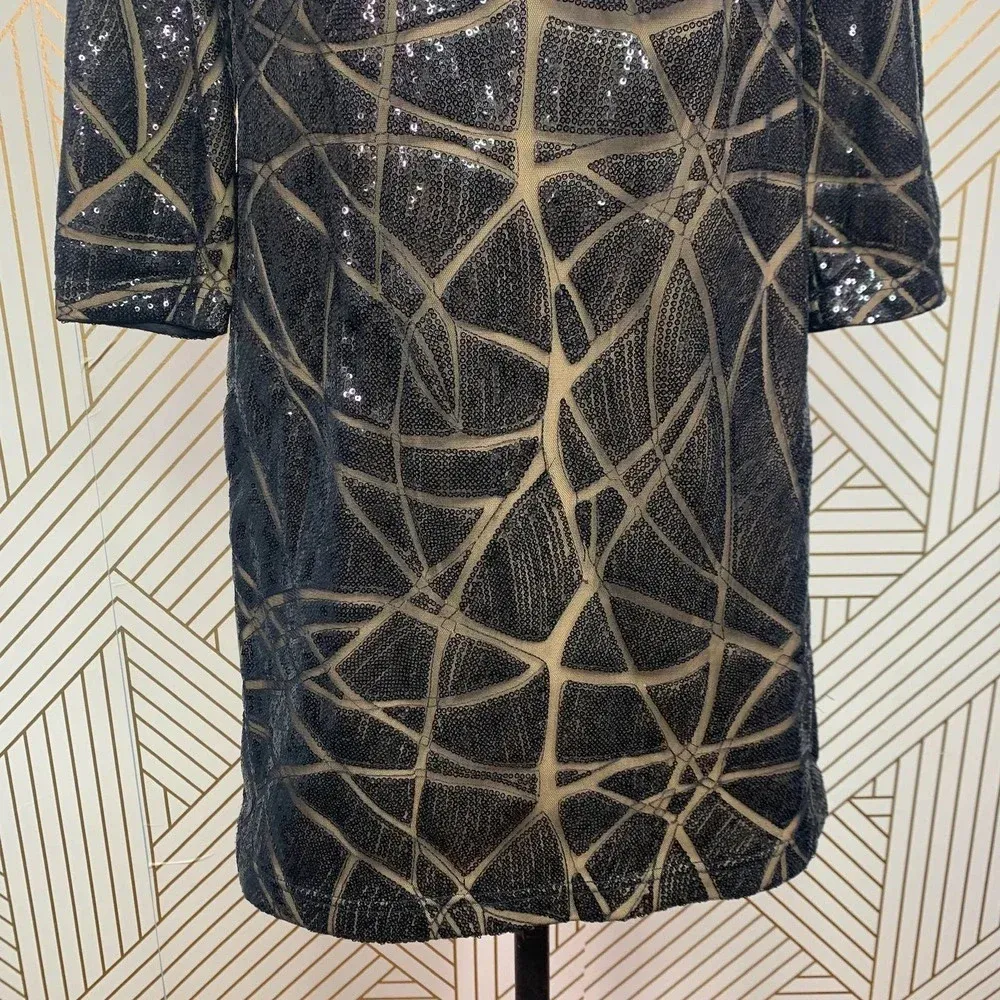 Tadashi Shoji Black Nude Sequin 3/4 Sleeve Mini Dress Size‎ US 6 - Image 4