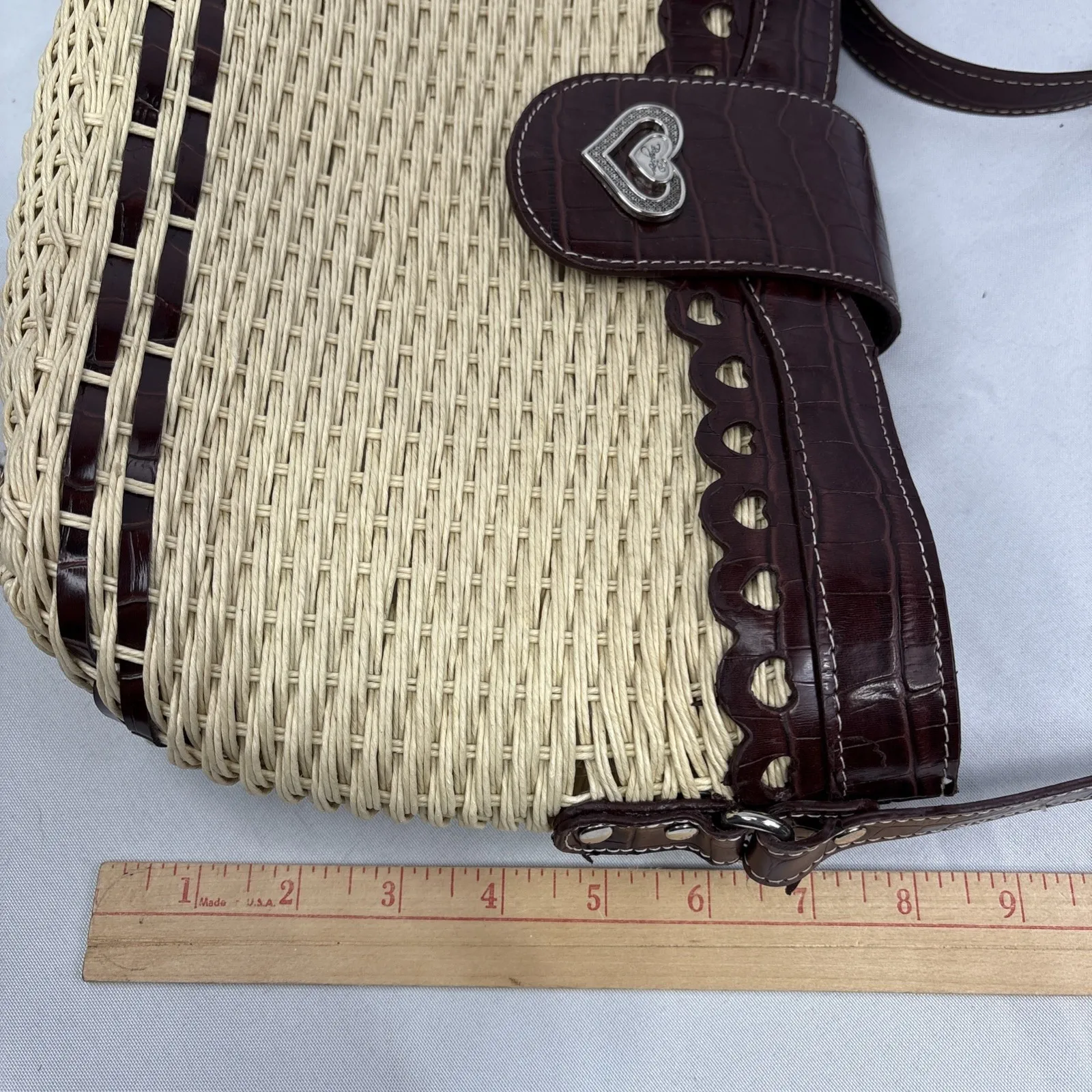 Brighton Straw & Brown‎ Leather Detail Handbag Purse Cut Out Heart Trim - Image 15