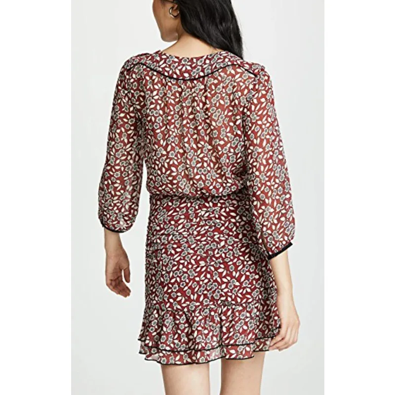 NWT BA&SH Sz 0 Billie Ruched Ruffle Floral Mini Dress in Burgundy Bordeaux - Image 2