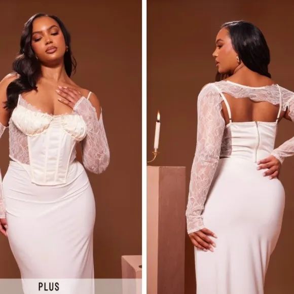 NWT PrettyLittleThing Plus Cream Gossamer Lace Satin Insert Sleeve Detail Corset - Image 2