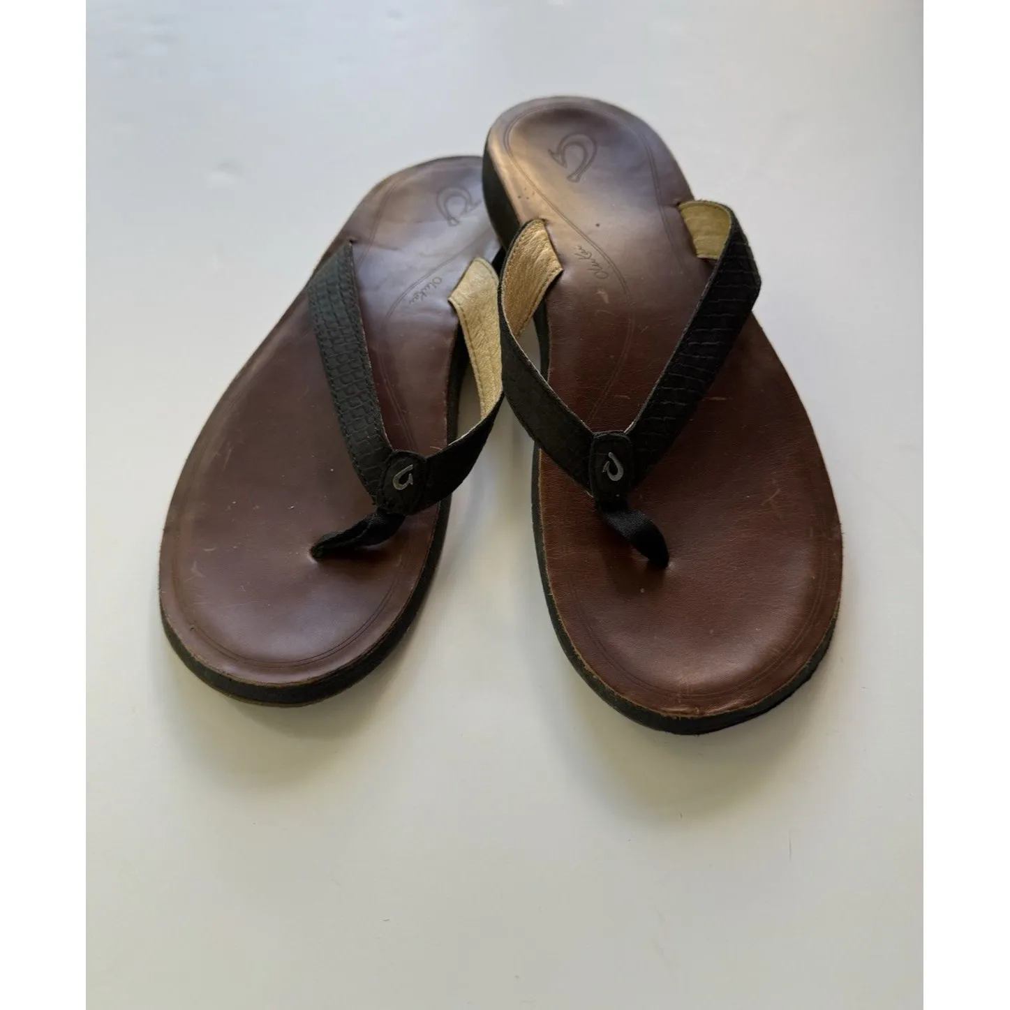 Olukai Pua Flip Flops Sandals Shoes Womens Size 11 Black Lizard Leather - Image 3