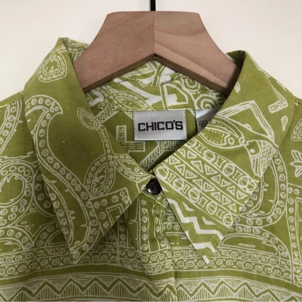 Chicos Cotton Green Aztec Tribal Tropical Long Sleeve Button Up Shirt Blouse Top - Image 3