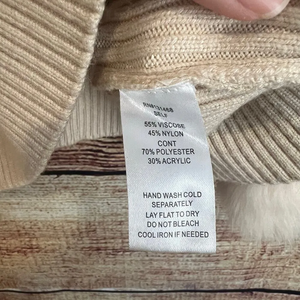 The Linen Duck Faux Fur Cuff Sweater Small Fits XL Ribbed Crewneck Boho Dolman - Image 4