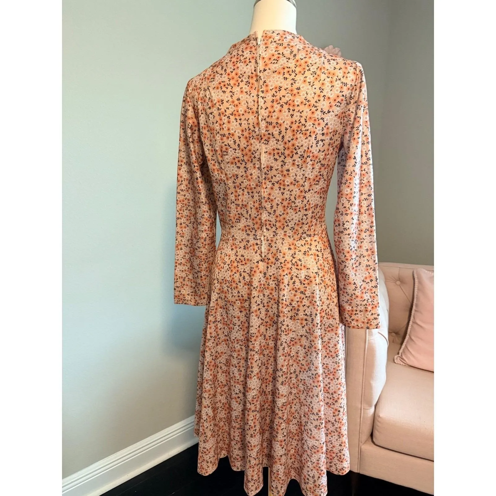 Vintage Peach Floral Print Long Sleeve Midi Dress Mock Neck A Line Women's Small Orange - Image 4