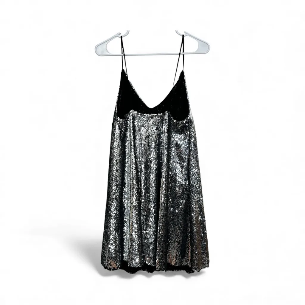 Zara Sequin Spaghetti Strap Mini Slip A-line Flair Dress Silver Sparkle Party S - Image 3