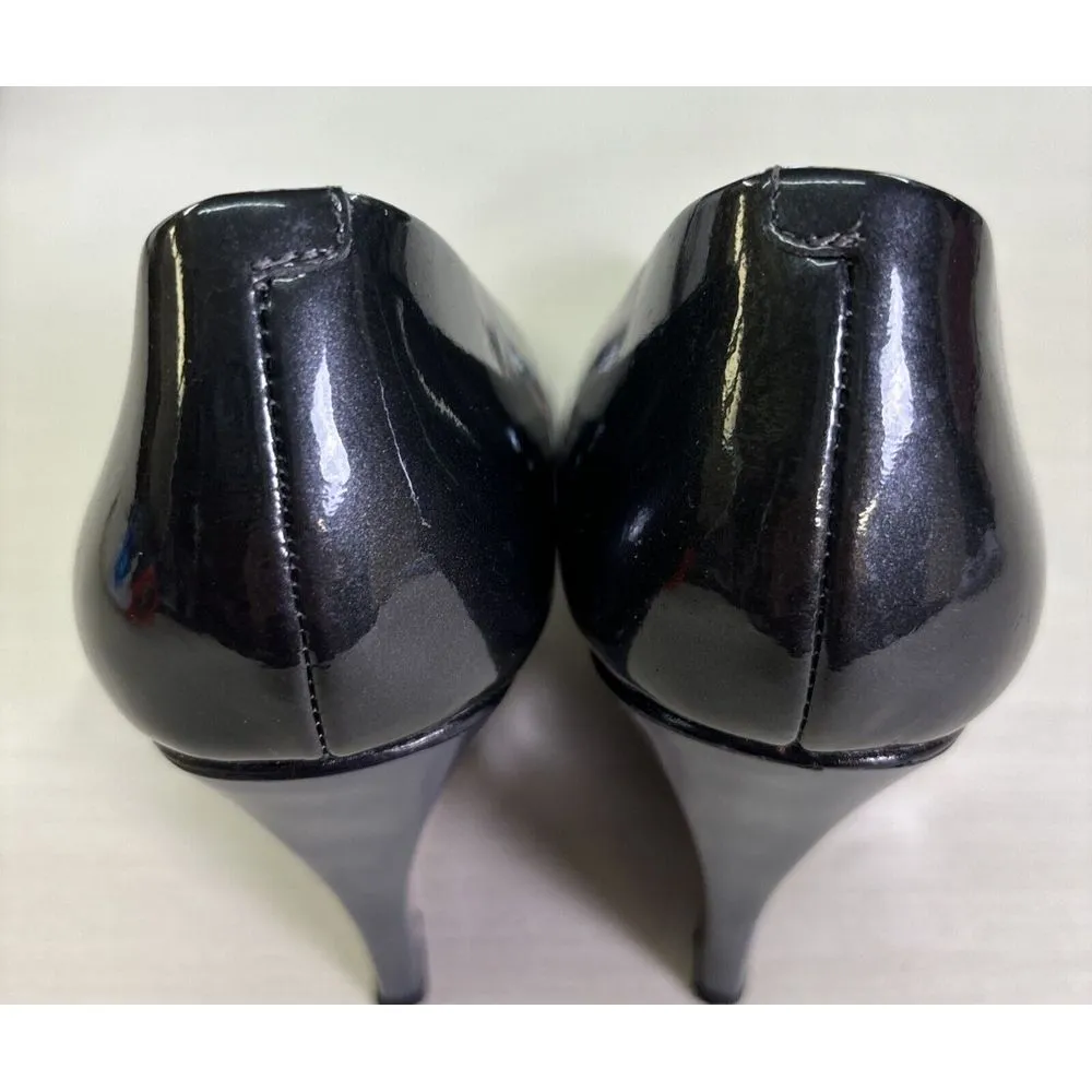 Charles Jourdan Paris Women's Shoes Sz 7.5‎ Patent Leather Gray Black Wedge Heel - Image 6