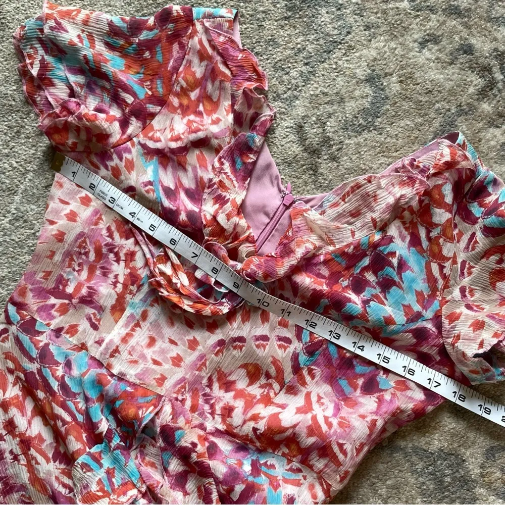 Sundance 100% Silk Tie Dye Print Short Sleeve Ruffle Garden Party Midi Dress - Image 5