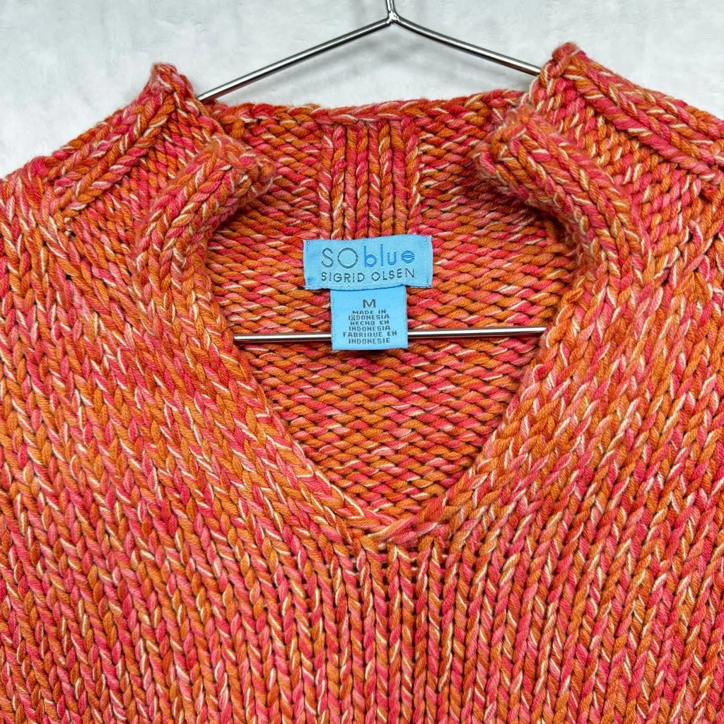 Chunky Knit Orange Sweater Mock V Neck Pullover Sigrid Olsen Cottagecore Cozy - Image 3
