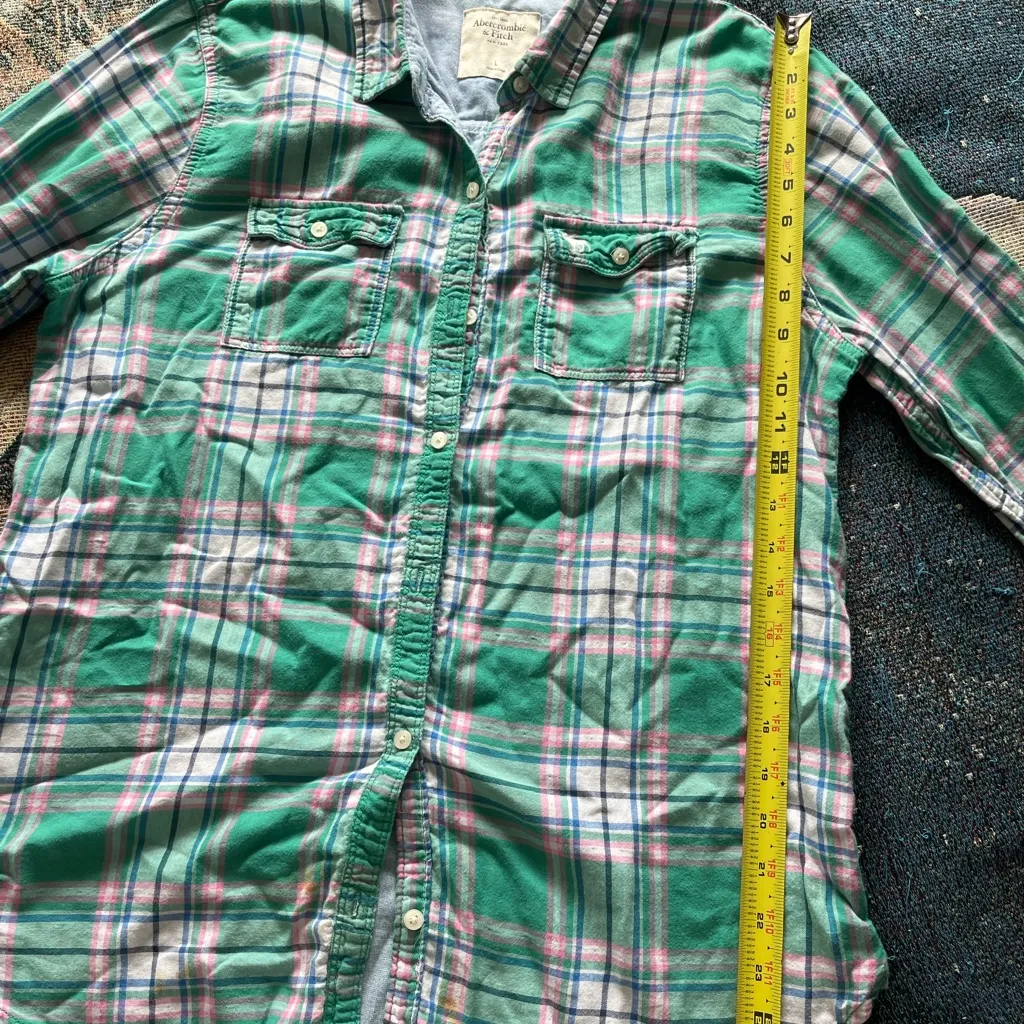 Abercrombie & Fitch Green and White Button Down Plaid Striped Shirt SZ L Collar - Image 11