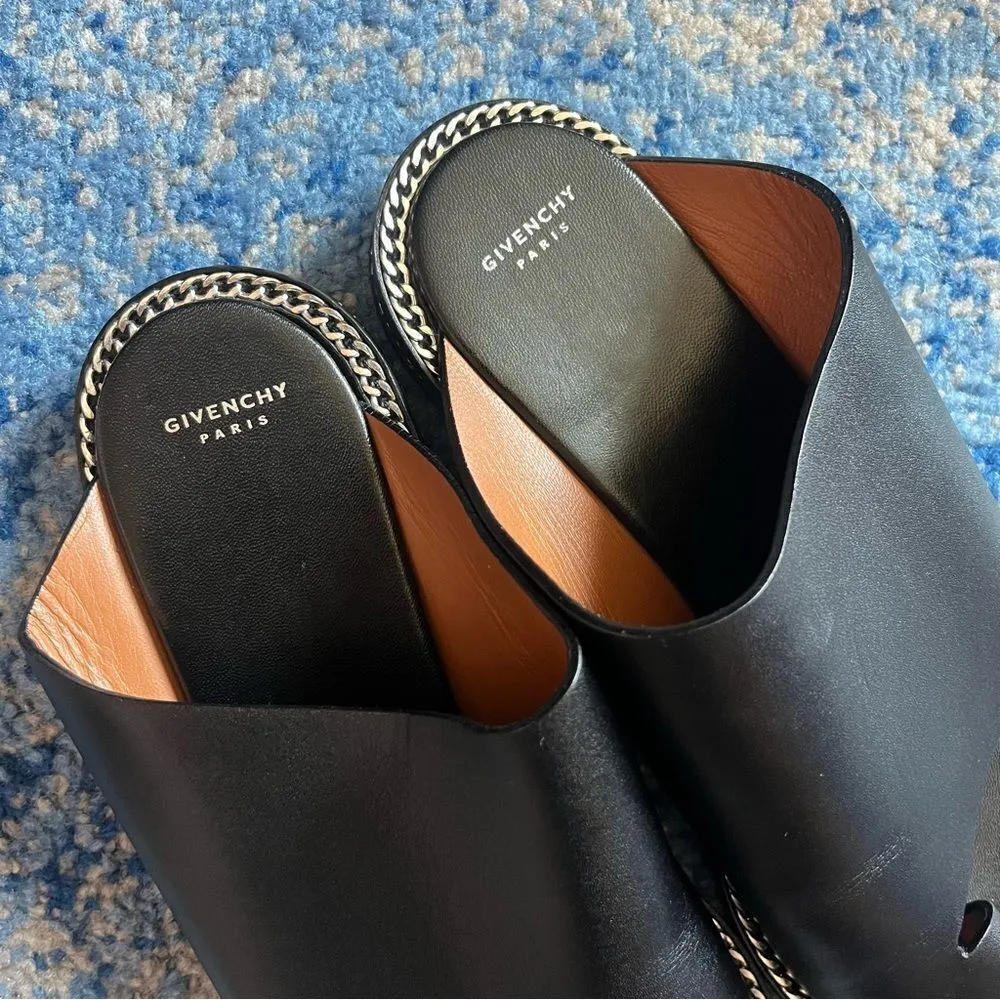 Givenchy  Black Leather Chain Accent Slides - Image 6