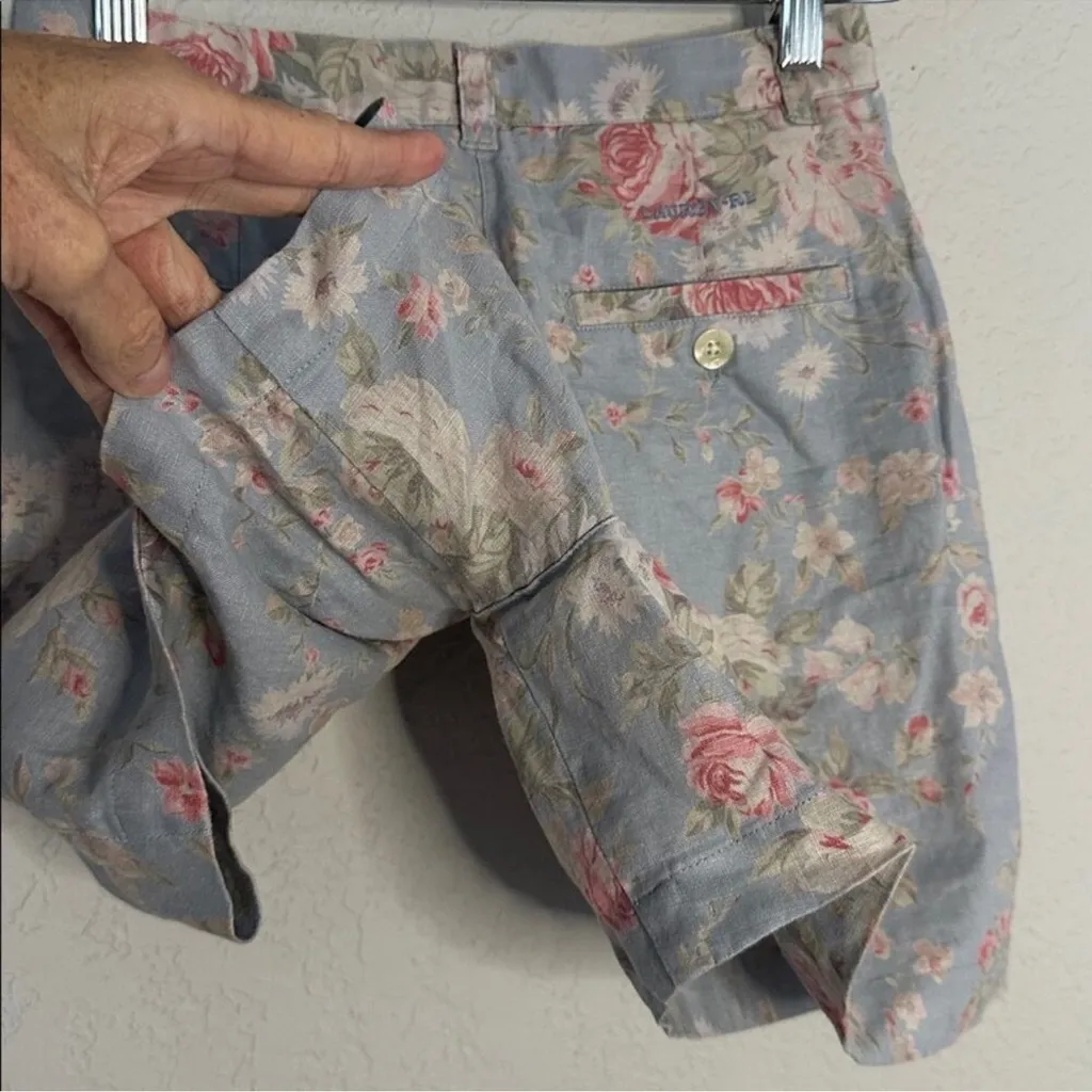 Vintage 90s Ralph Lauren Linen Pleated Shorts Cottage Blue Floral Preppy Size 2P - Image 8