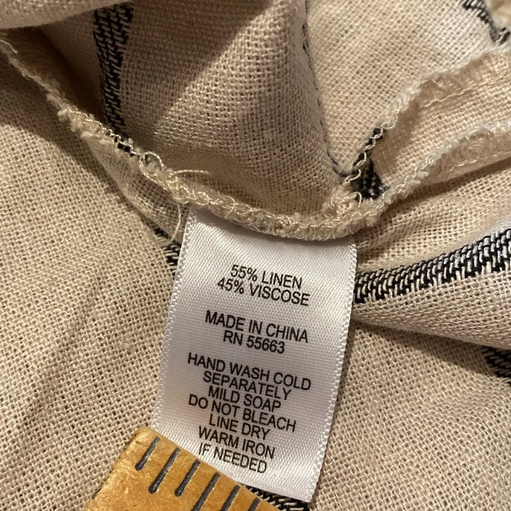 For Cynthia Linen Blend V Neck Cap Sleeve Asymmetrical Tan Black Stripe Dress S - Image 4