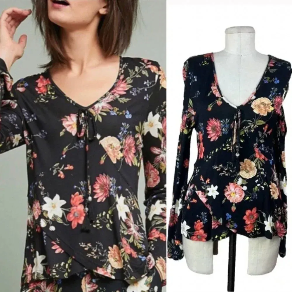 Anthropologie Farm Rio Top Blouse Long Sleeve Jersey‎ Floral Print Black Size XS - Image 2