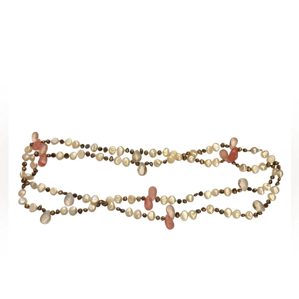 Freshwater Pearl, Rose Quartz and Rutilated Quartz long Hand Knotted Necklace - Image 5