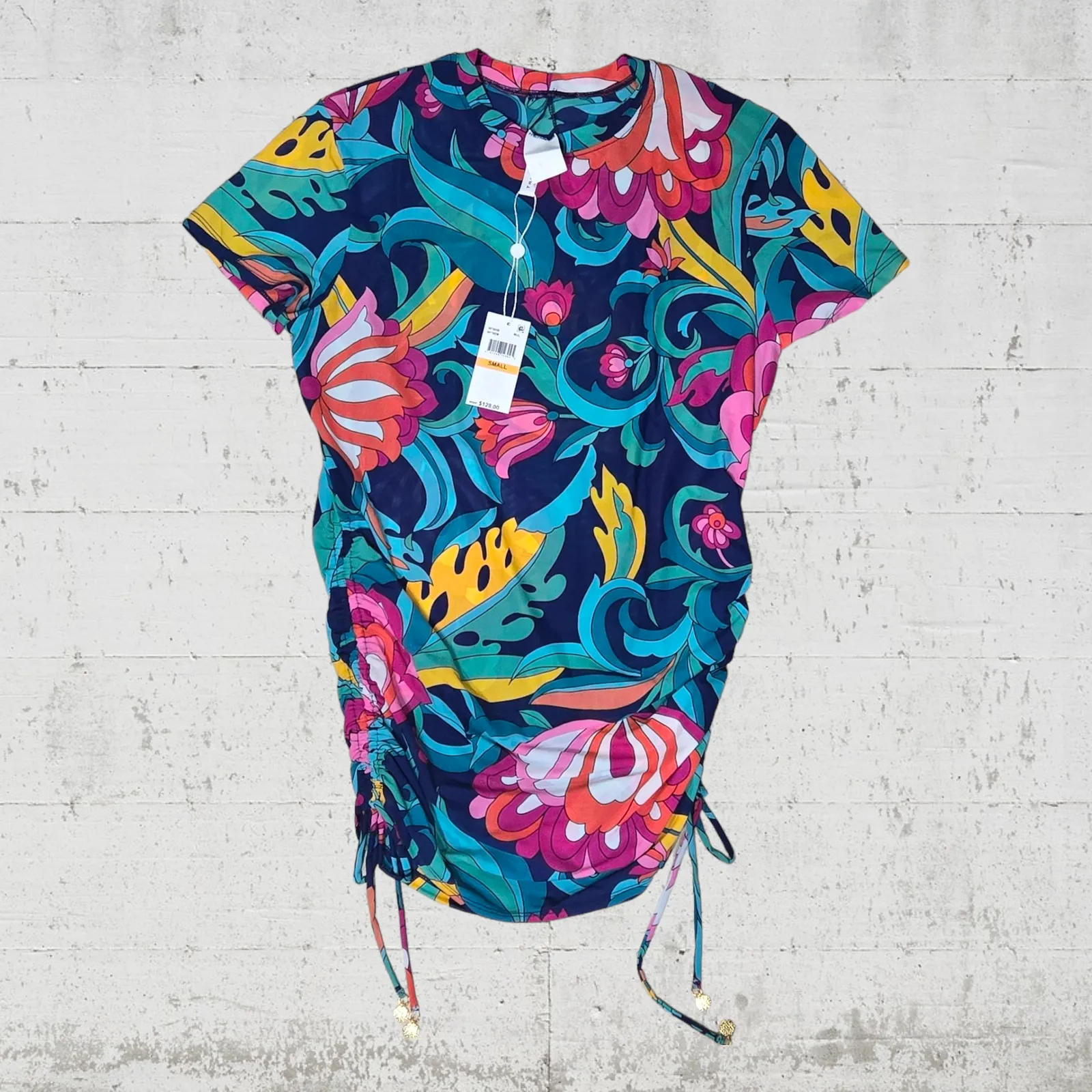 Trina Turk Retro Floral Mesh Crewneck Cinch Hem Swimsuit Cover Up Size Small - Image 2