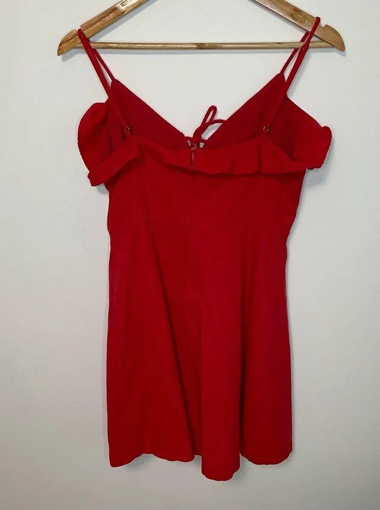 All In Favor Red Mini Dress M Womens Sleeveles V Neck Tie Detail Linen Ruffle - Image 4
