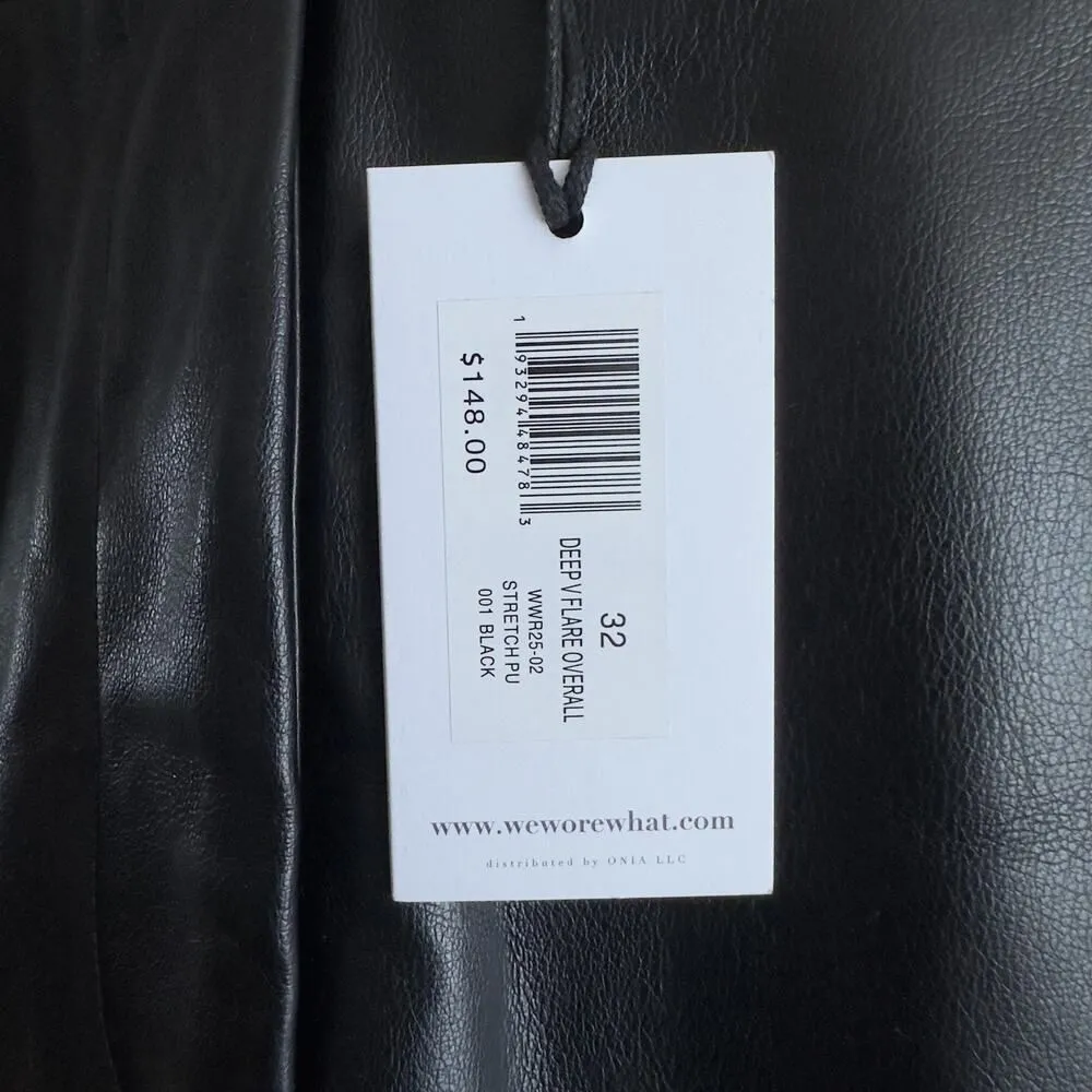 WeWoreWhat Overall Womens 32 Black Faux Leather Deep V Flare Jumpsuit Stretch - Image 5