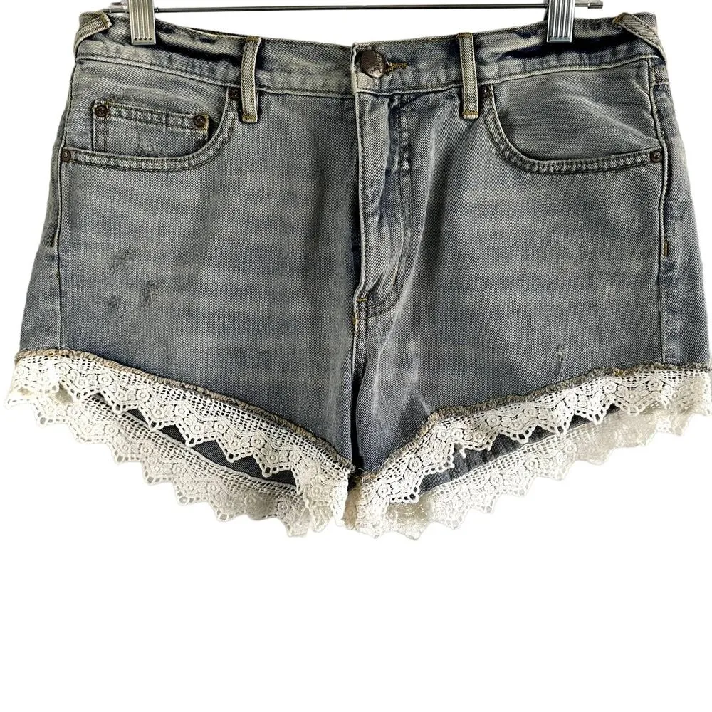Free People Lace Hem Jean Shorts Mid Rise Casual Denim 100% Cotton Blue 28 - Image 2