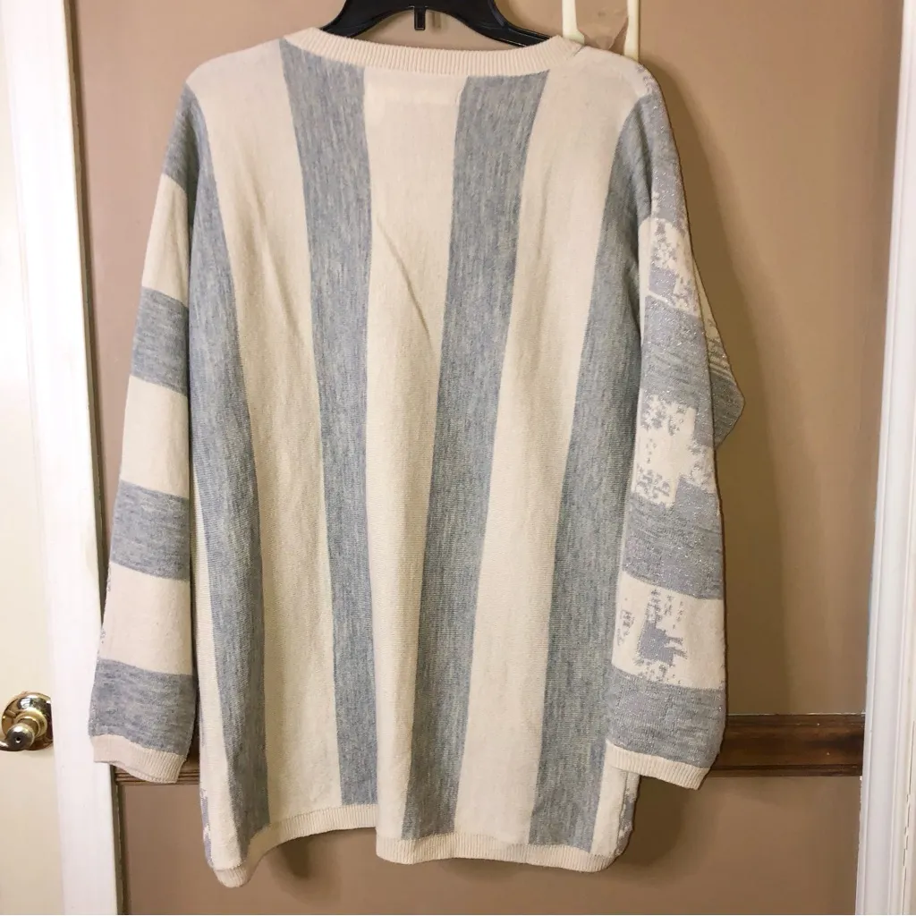 Chelsea & Violet Metallic Wool Blend Abstract Striped Sweater Tan Grey Large‎ - Image 2