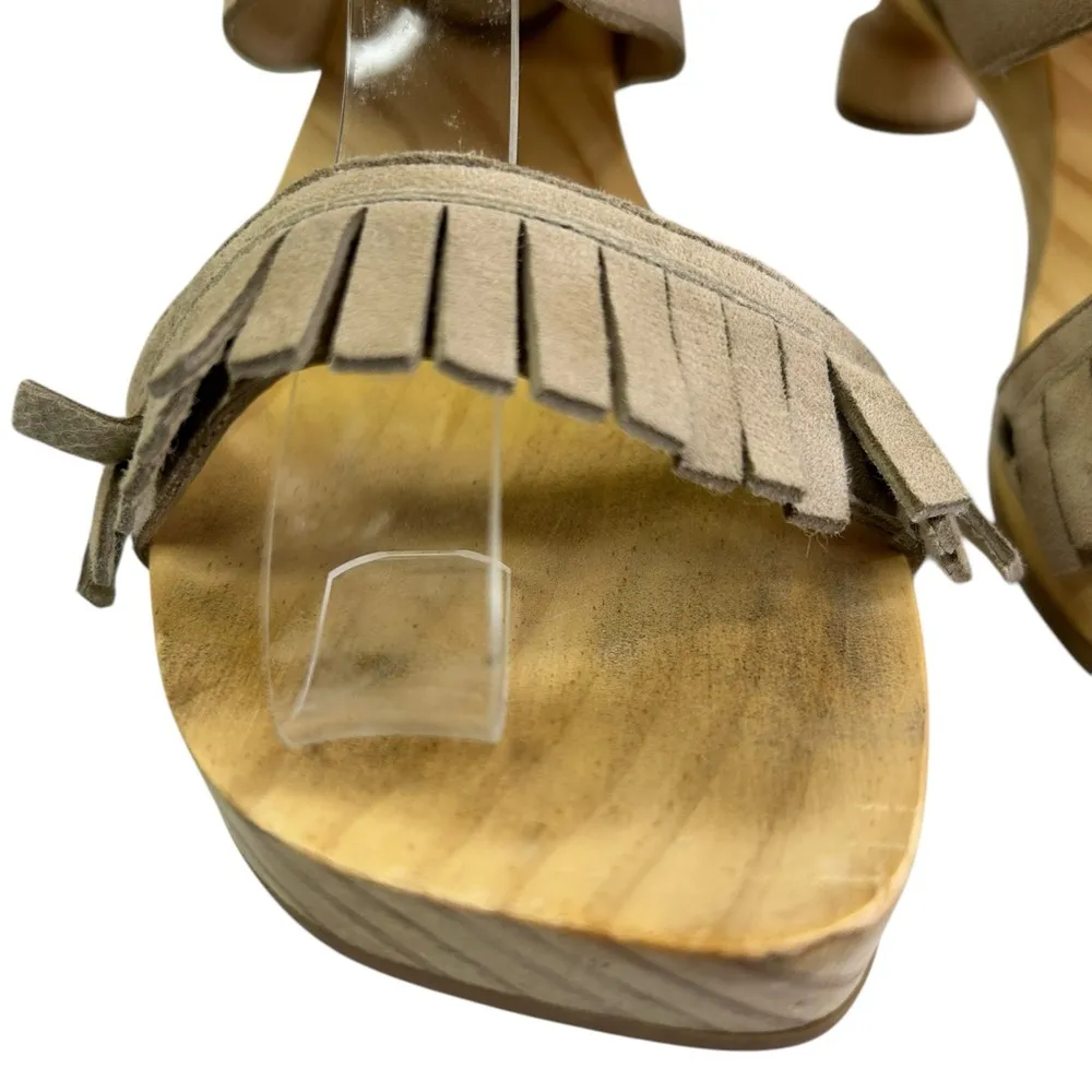 Pedro Garcia size 39 size 8.5~9 wood sandal architectural heel fringe suede $328 Tan - Image 4