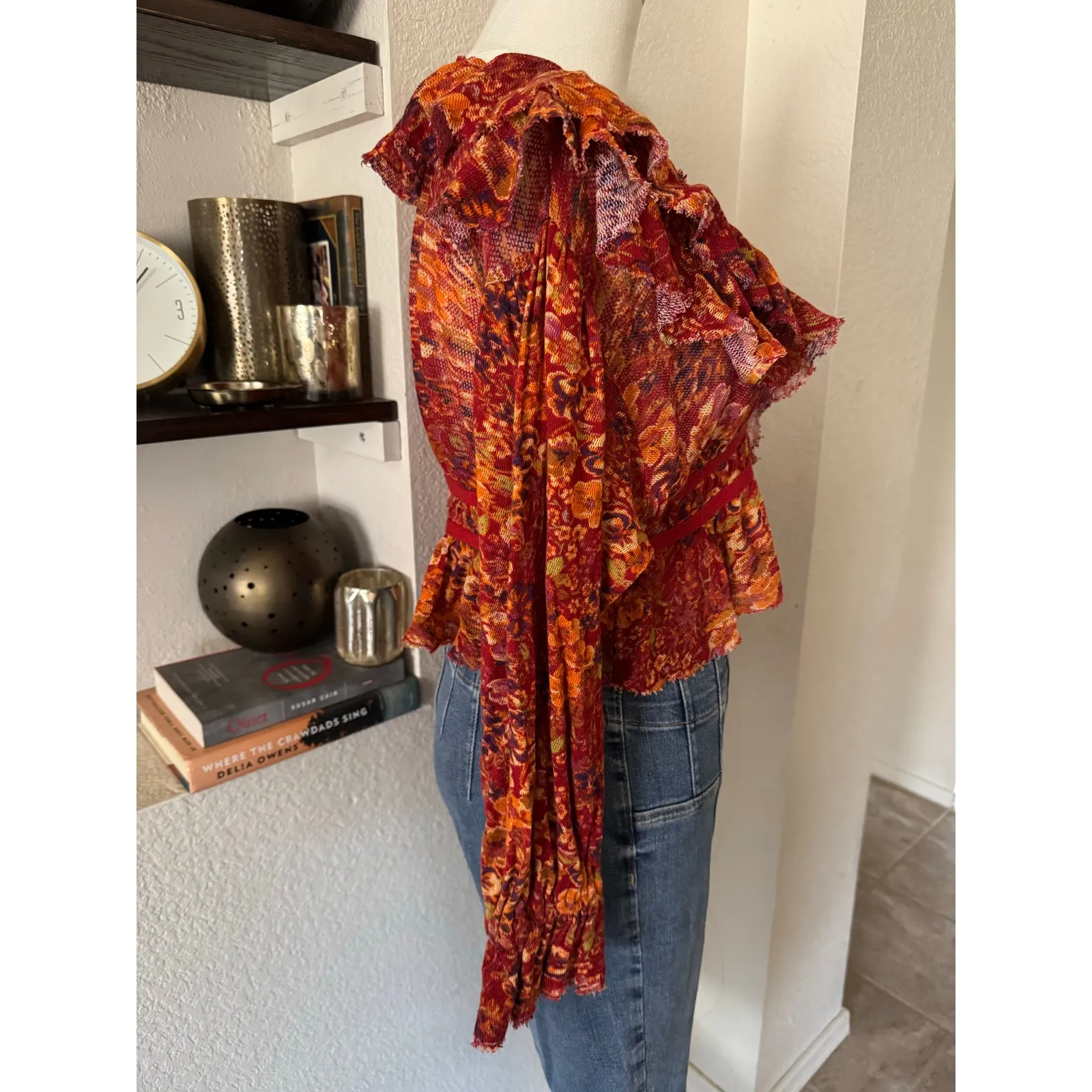 Free People Rudi Floral Printed Ruffle Cropped Blouse In Cherry Combo Size Small - Image 4