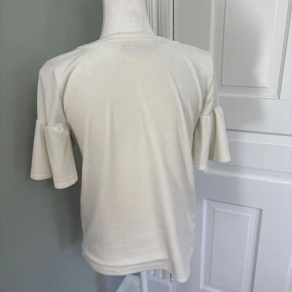 Loft Ivory Stretchy Velour  Top Shirt Short Sleeve flutter XS - Image 3