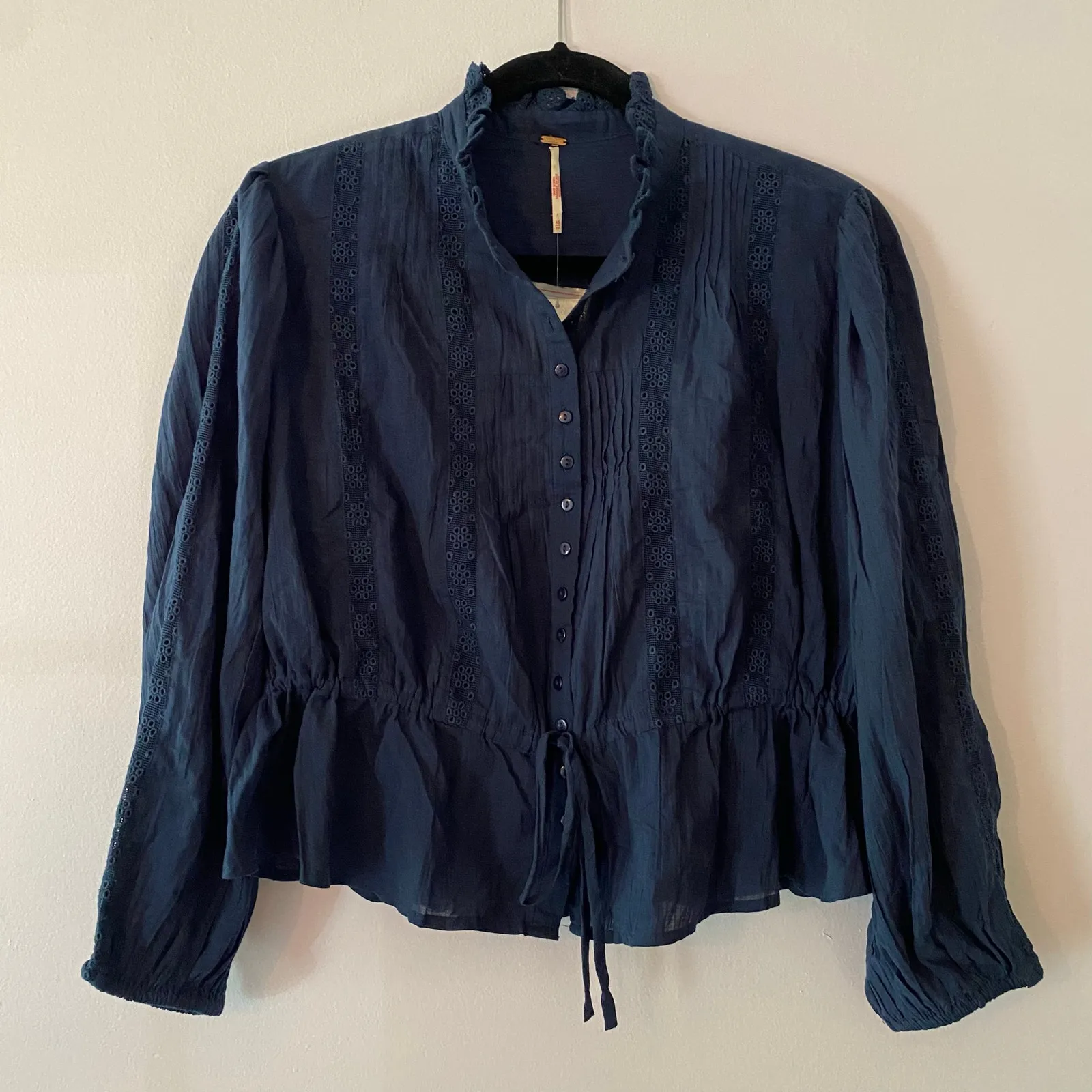 NWT Free People Best of Me Navy Blue Eyelet Blouse Boho Cotton Women's size XS - Image 2