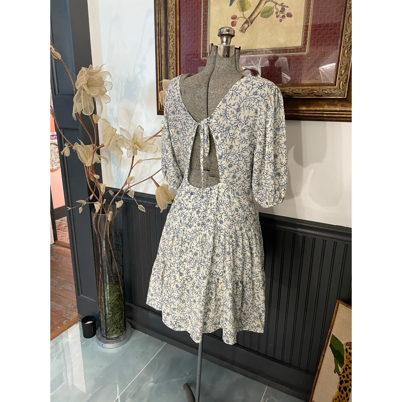 Xirena Blue Floral Cotton Mini Dress Open Back Tie Cottagecore Small White - Image 8