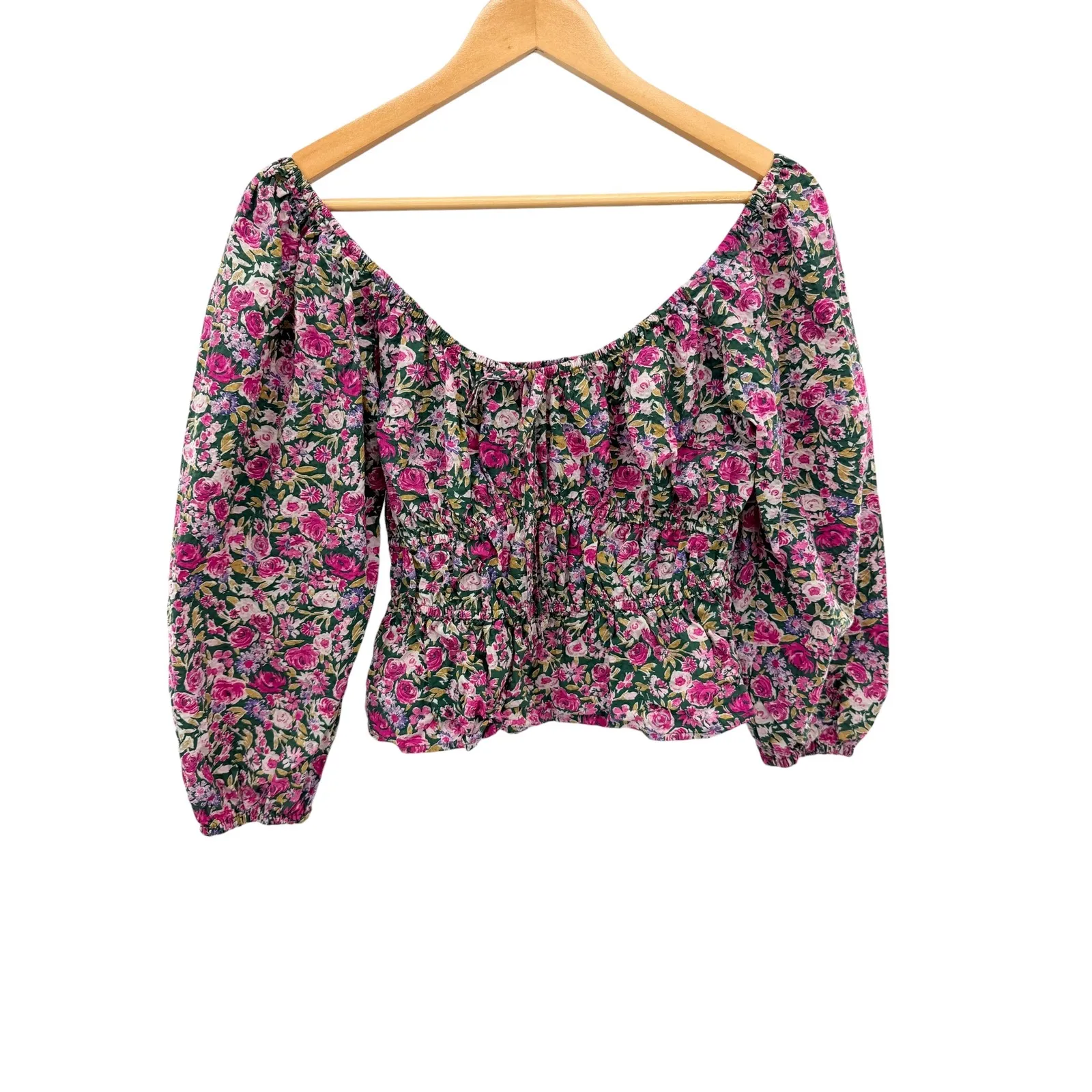 MNG Floral Smocked Peplum Top Square Neck Puff Sleeve Pink Green Women's S - Image 2