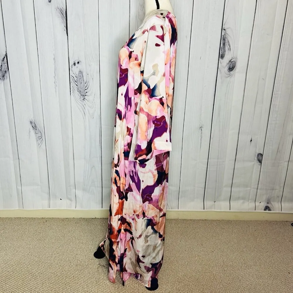 N Natori Caftan Pink Purple Abstract Floral Mix Sz L Full Zip 3/4 Sleeve Pockets - Image 5