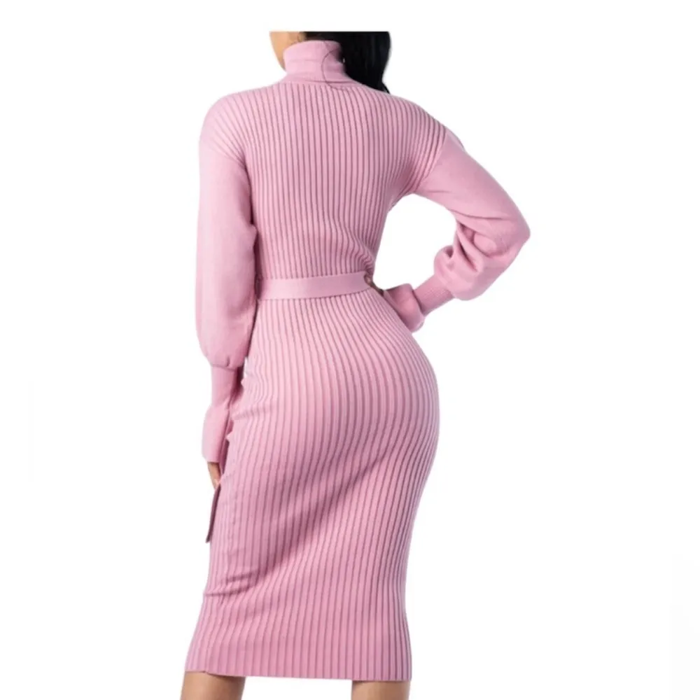 Sweater dress belted turtleneck. Long bell sleeve. - Image 2