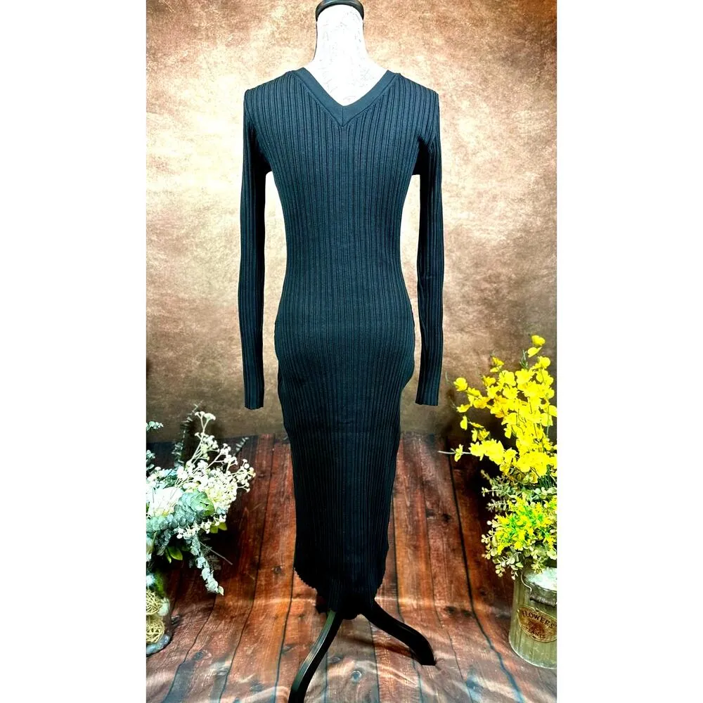 LITA By Ciara Icon Rib V Neck Cardigan Button Front Midi Dress Black M Size M - Image 14