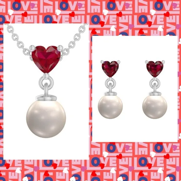 Sterling Silver Heart Ruby & Pearl Necklace & Earring Set NWT - Image 2
