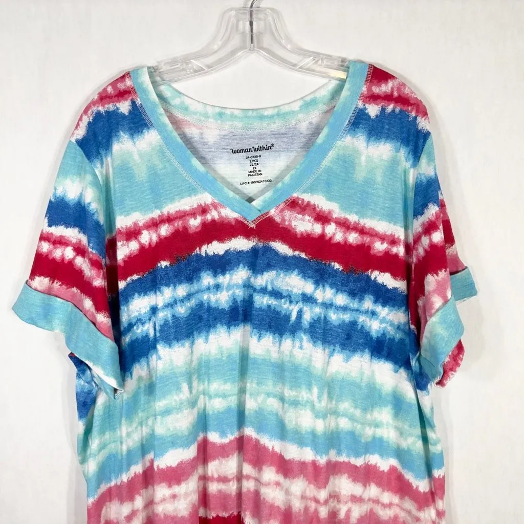 Woman Within Plus Size 1X 22W 24W‎ Top Blue Red Tie Dye Striped V Neck 1652 - Image 3