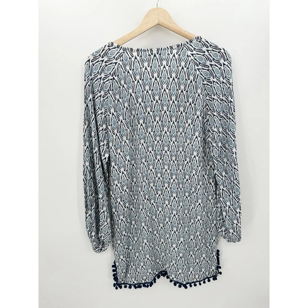Skemo Women Size Small Blue Printed Sequin Tassel Tunic Swim Coverup Boho - Image 2