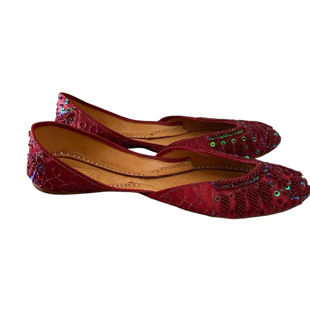 Red Green sequin beaded hand made Khussa flats genie shoes Fall Holiday Festive Size 9 - Image 6