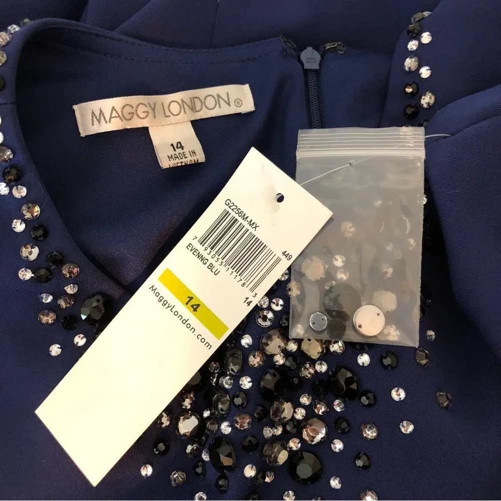 Maggy London Evening Blue Cap Sleeve Rhinestone Neckline Sheath Dress NWT 14 - Image 10