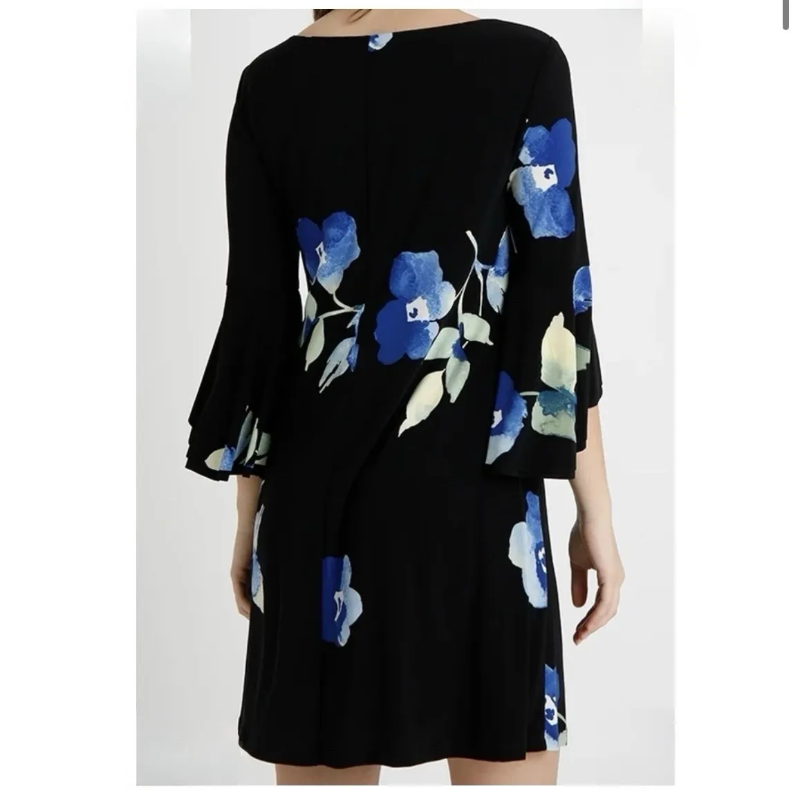 Ralph Lauren Blue Floral Bell Sleeve Stretch Jersey‎ Shift Dress Size 14 - Image 6