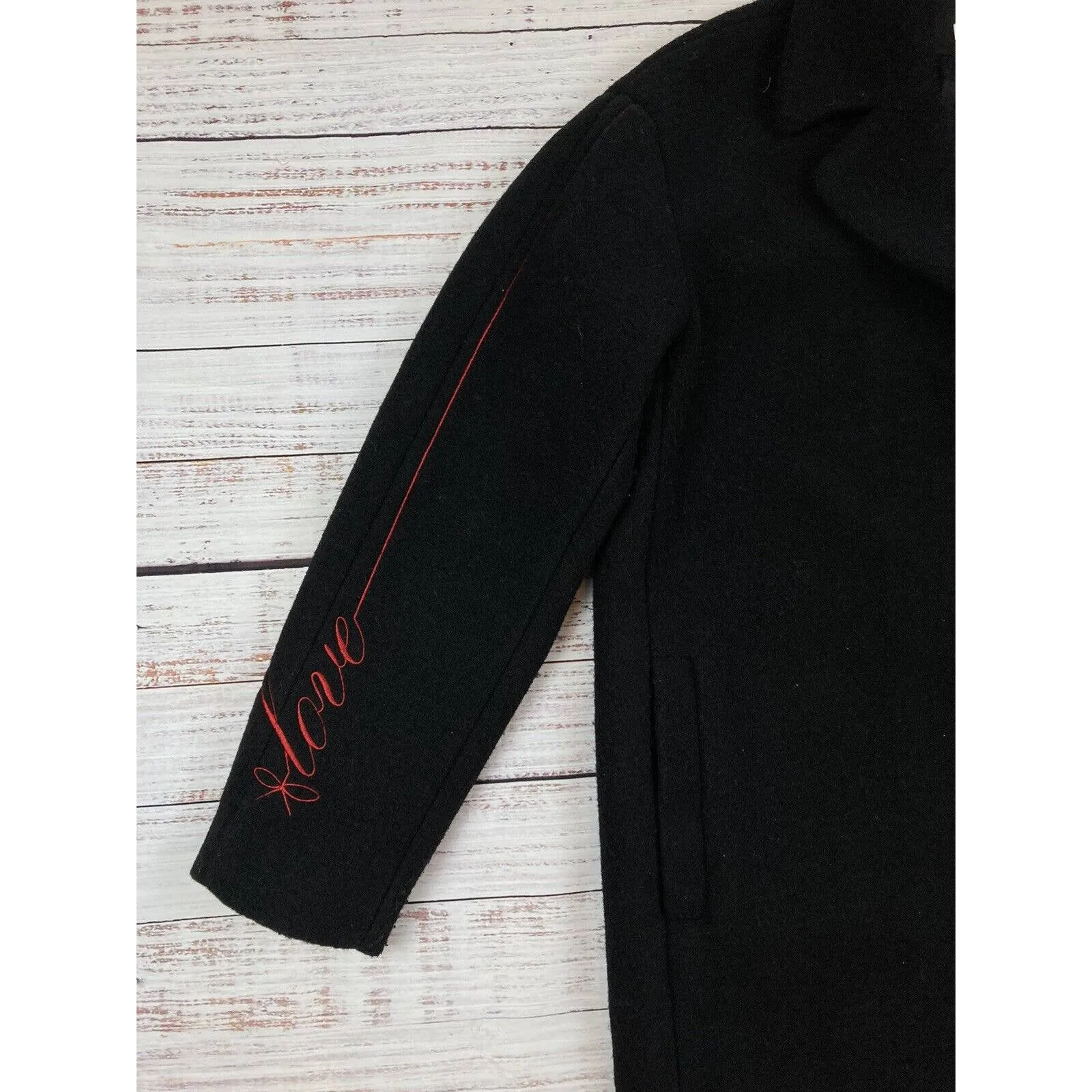 Love Moschino Womens Wool Blend Pea Coat US 6/EU‎ 42 Embroidered Arm Long Jacket - Image 2