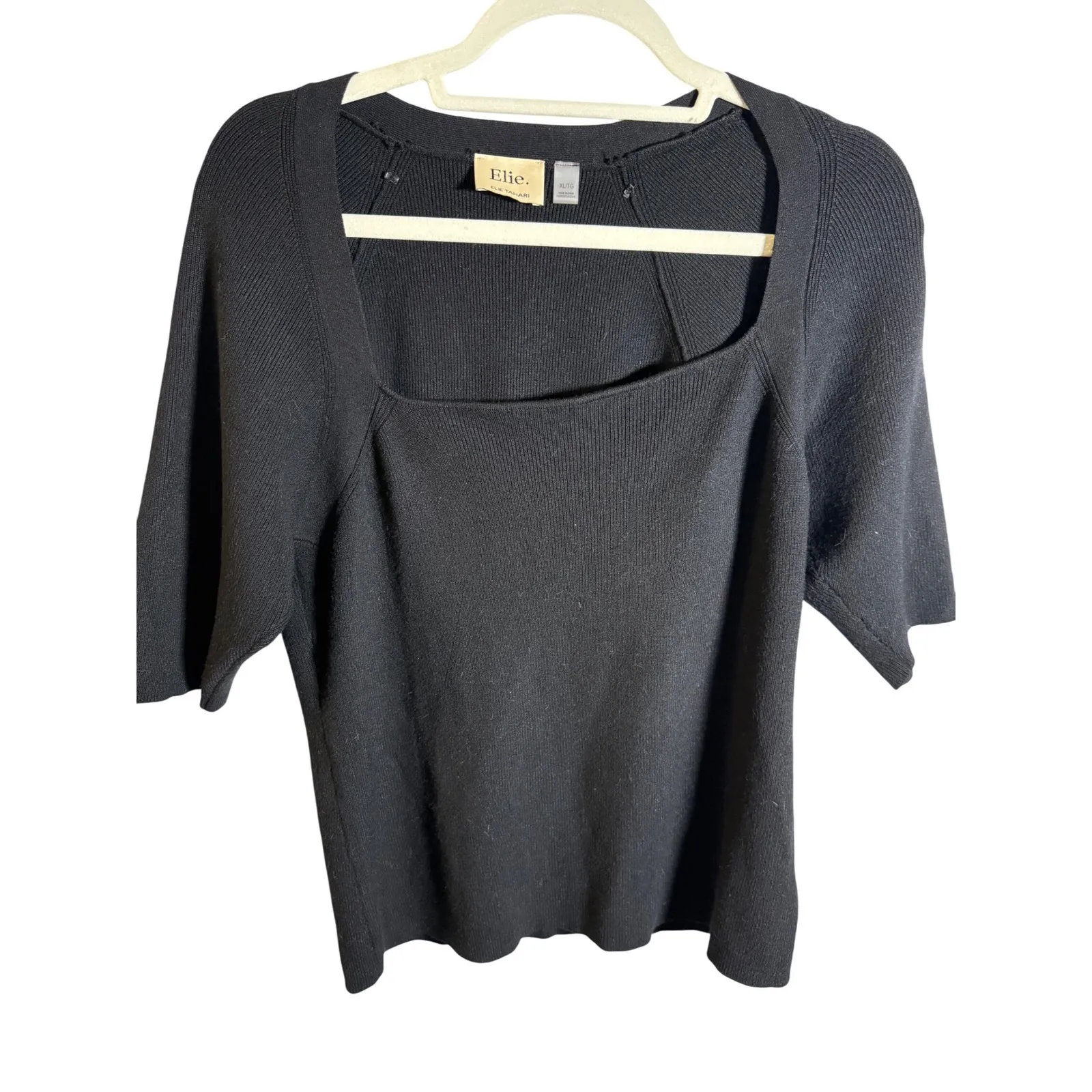 Elie Tahari Square Neck Ribbed Knit Top Black Elbow Sleeve L/XL/TG‎ - Image 2