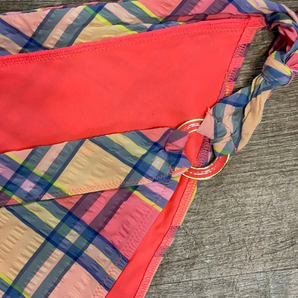 Victoria’s Secret Swim Pink Crinkle Madras Plaid Bikini Bottoms Tie Side Large - Image 6