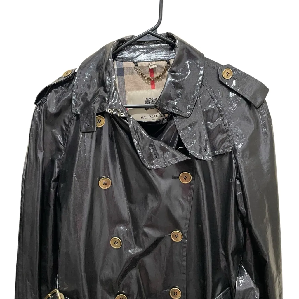 Burberry London Glossy Belted Double Breasted Trench Coat Black Women Size 12 - Image 4
