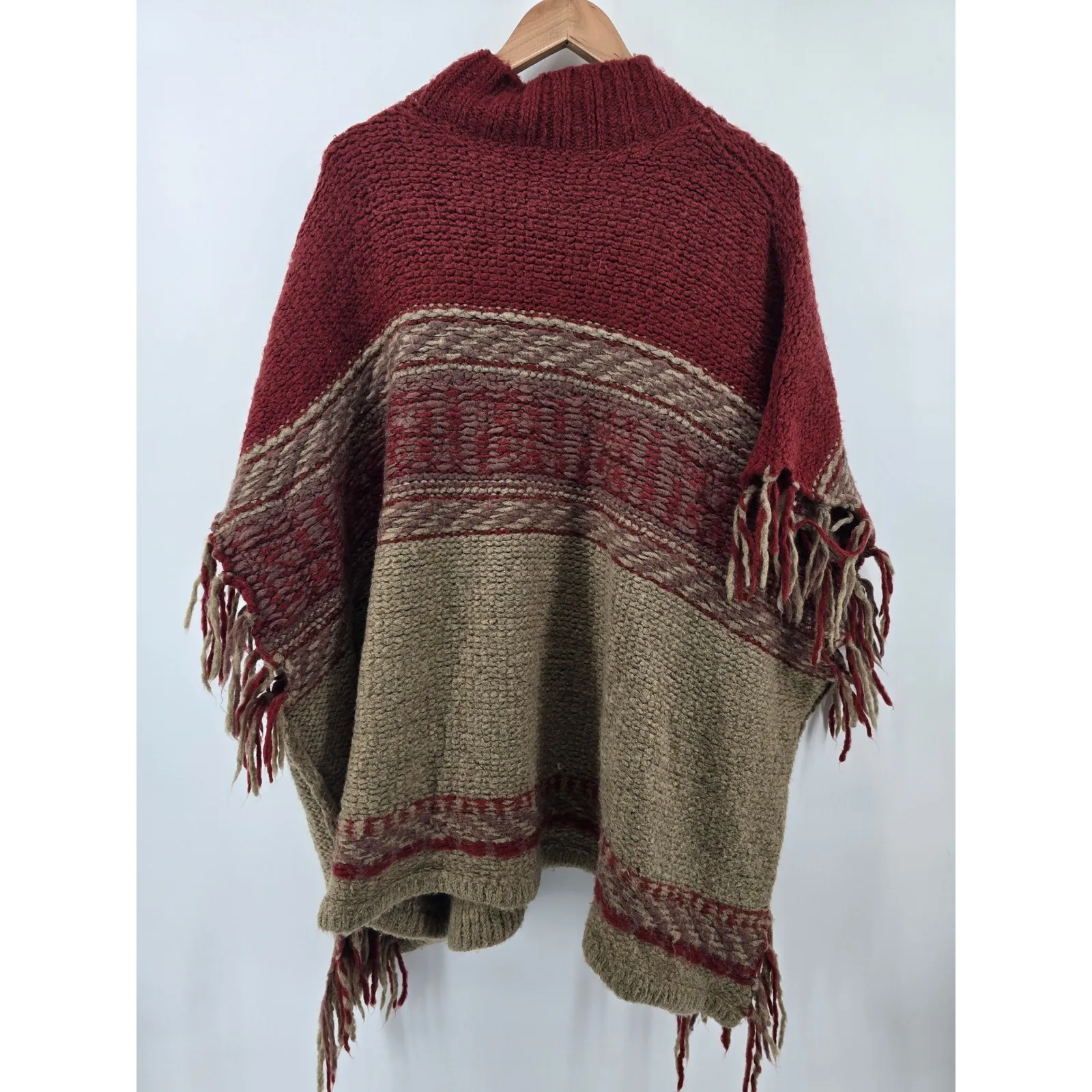 Free People Red Tan Aztec Fringe Knit Poncho Sweater Mock Neck Medium Large - Image 5