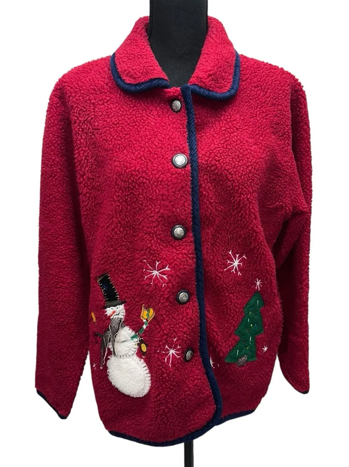 Vintage Button Up Cardigan Sweater Red Christmas SNOWMEN Women's Size Small - Image 1