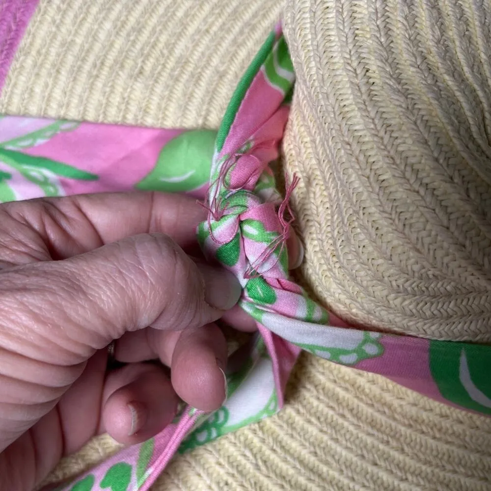 Lilly Pulitzer Straw Sun Hat Wide‎ Brim Pink Trim Floppy Beach Scarf Band #33499 - Image 9